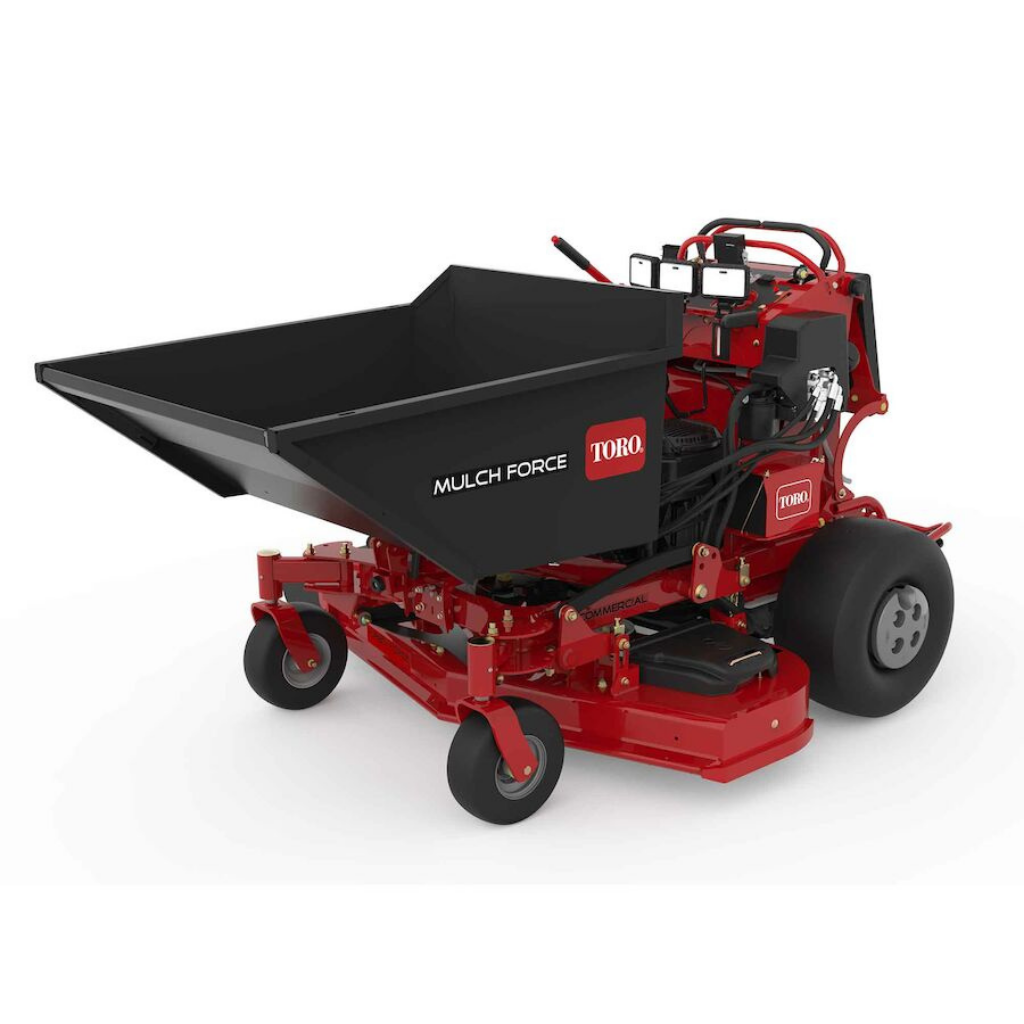 The TORO GRANDSTAND MULTIFORCE MULCH FORCE BUCKET is a powerful, commercial-grade lawn mower featuring a large black Mulch Force front attachment for efficient landscaping and debris hauling.