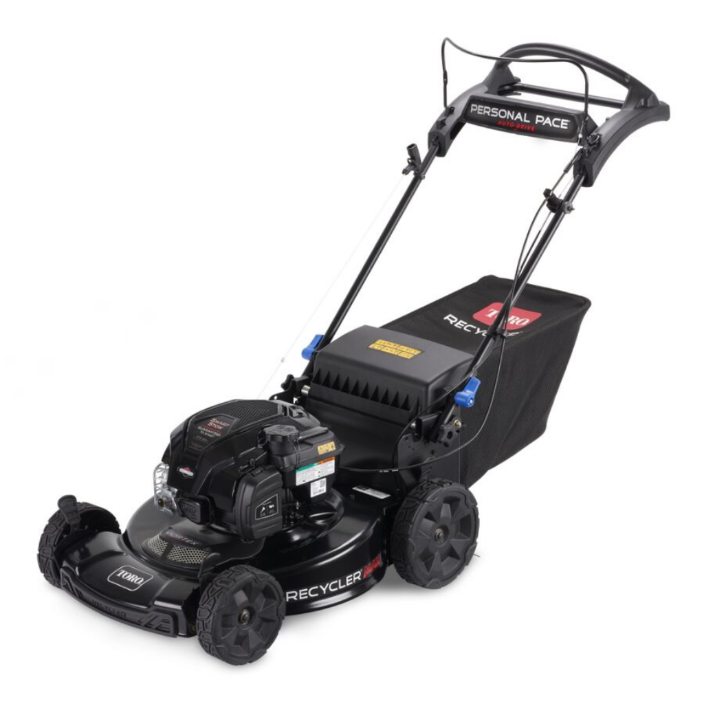 The TORO 22"RECYCLER MAX B/S 163CC is a black gas-powered push mower featuring a grass collection bag, large rear wheels, and "Recycler" and "Personal Pace" labels on the handle.