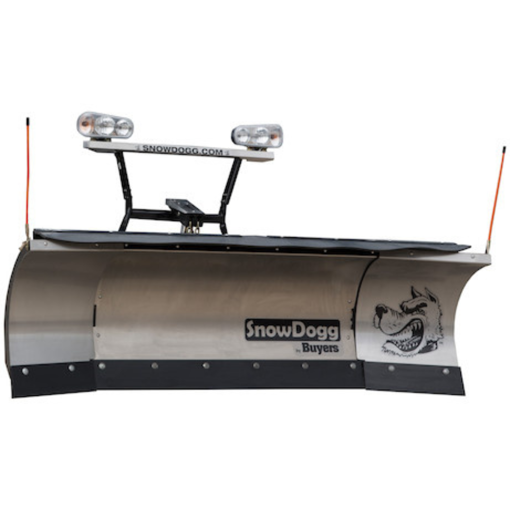 The SNOWDOGG XP810 MOLDBOARD 16020920 is a stainless steel snow plow featuring headlights, orange markers, and the signature dog logo on the blade.