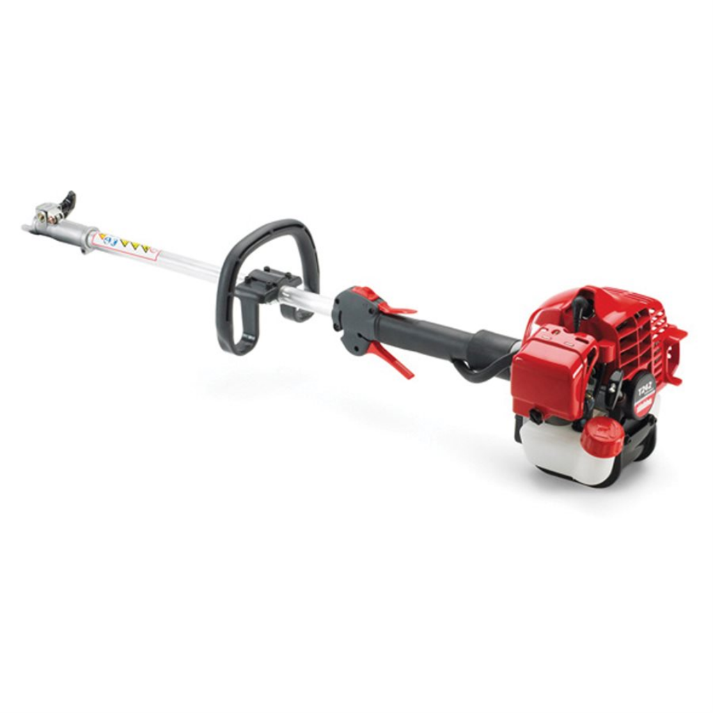The SHINDAIWA M242 MULTI TOOL 23.9 CC POWER SOURCE, featuring a red engine, black handle, and silver shaft, is shown diagonally on a white background.