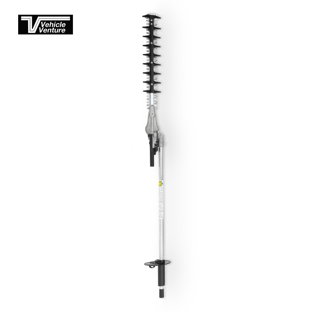 The SHINDAIWA ARTICULATING HEDGE TRIMMER ATTACHMENT, featuring multiple blades and a long handle, is displayed vertically on a white background with the Vehicle Venture logo in the top left corner.