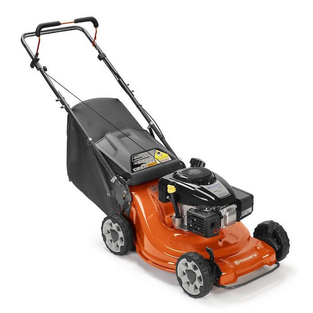 The HUSQVARNA LP421P 21" Walk Behind Mower with a Kohler HD775 engine is an orange and black gas-powered push mower featuring a rear grass collection bag.