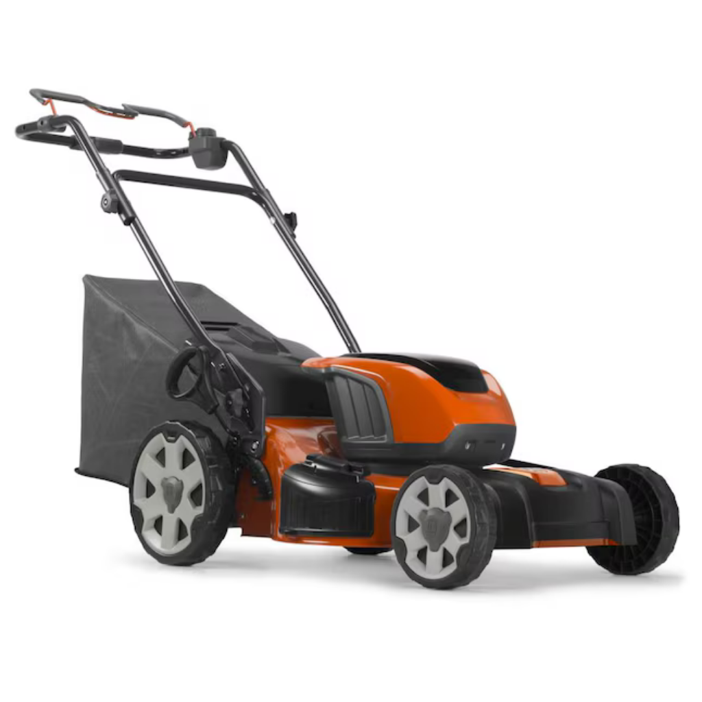 The HUSQVARNA LE116R MOWER 40V PRO features a grass collection bag, four large wheels, and an adjustable handle. Battery not included.