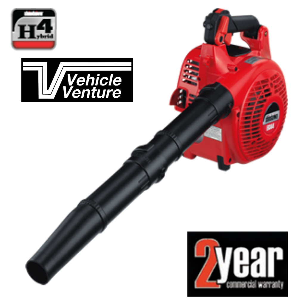 The SHINDAIWA 34CC H4 HANDHELD BLOWER, with red body and black nozzle, is pictured with H4 Hybrid, Vehicle Venture, and 2-year commercial warranty logos on a white background.