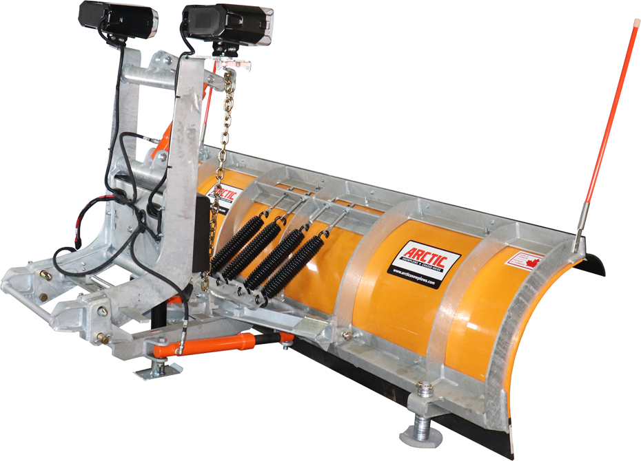 The ARCTIC SNOW PLOW GALVANIZED 102" features a yellow and silver heavy-duty poly blade, 4 springs, hydraulic components, and Arctic branding, designed for vehicle mounting.
