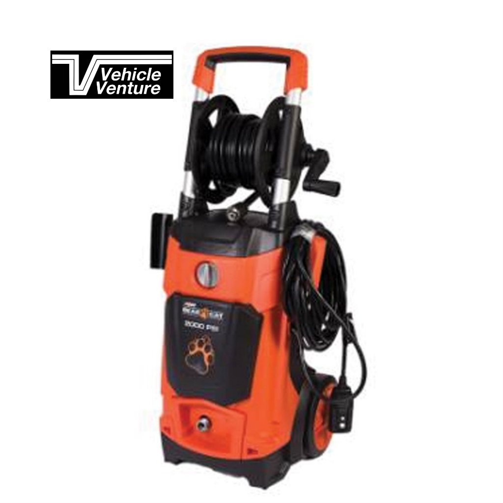 A Vehicle Venture ECHO BEAR PAW PW Electric Pressure Washer, 2000 PSI with plastic wheels, hose, and power cord, in orange and black, displayed on a white background.
