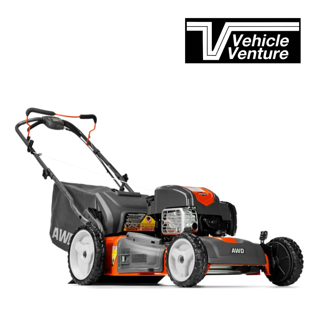 A USED HUSQVARNA HU725AWDH 006189 walk-behind gas AWD mower with grass collection bag, shown on a white background with the Vehicle Venture logo in the top right corner.