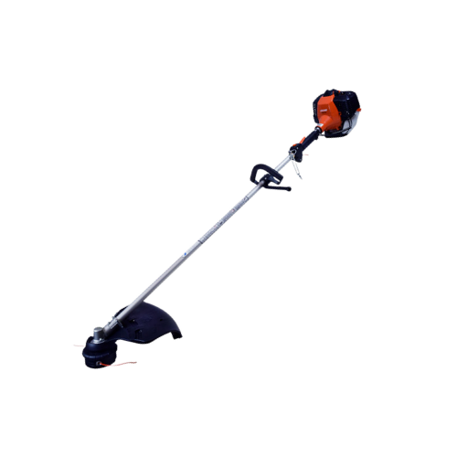 A gas-powered string trimmer with a straight shaft, black handle, and orange engine, placed on a white background.