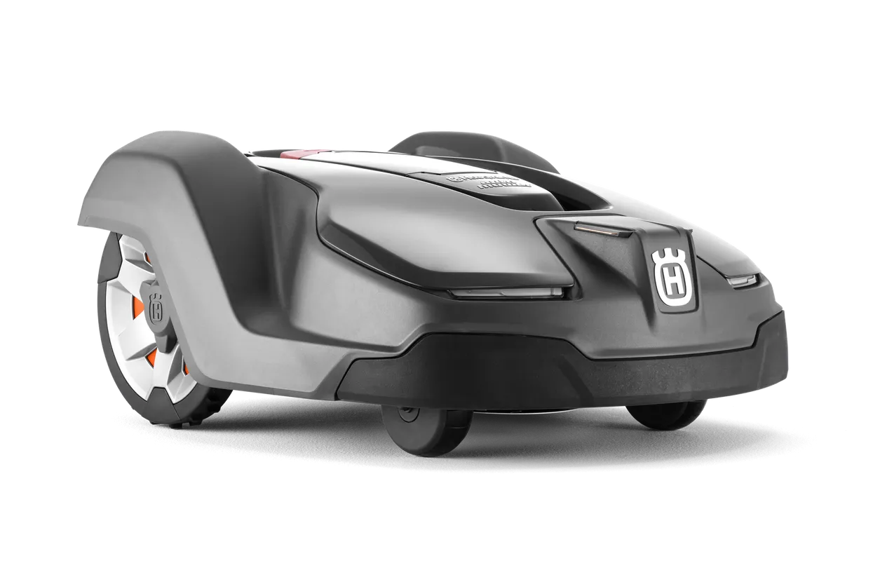 The HUSQVARNA 430X AUTOMOWER is a black and grey robotic lawn mower featuring two visible wheels and a Husqvarna logo on the front.