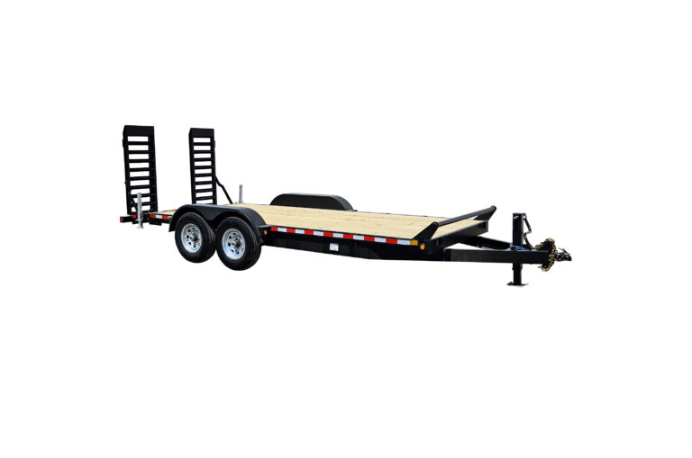 2026 CANADA TRAILER 7X18 CAR & EQUIPMENT 14,000 GVWR: Dual axle flatbed with rear loading ramps, wood deck, and black metal frame, shown on white background.