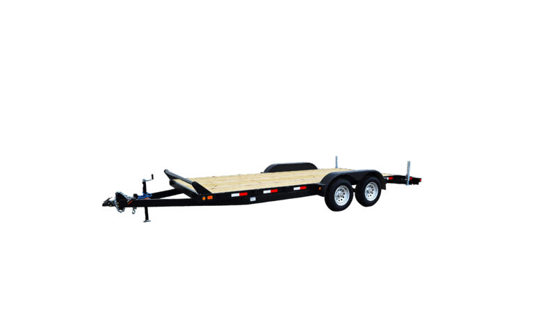The 2026 CANADA TRAILER 7X16 CAR & EQUIPMENT 7000 GVWR is a flatbed utility trailer with a wooden deck, black metal frame, and dual axles for towing vehicles or equipment.