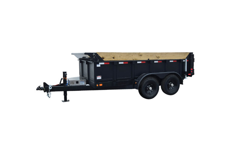 2026 CANADA TRAILER 83X16 DUMP 14,000 GVWR dual-axle black dump trailer with wooden side panels, support jack, and hitch, shown on a white background.