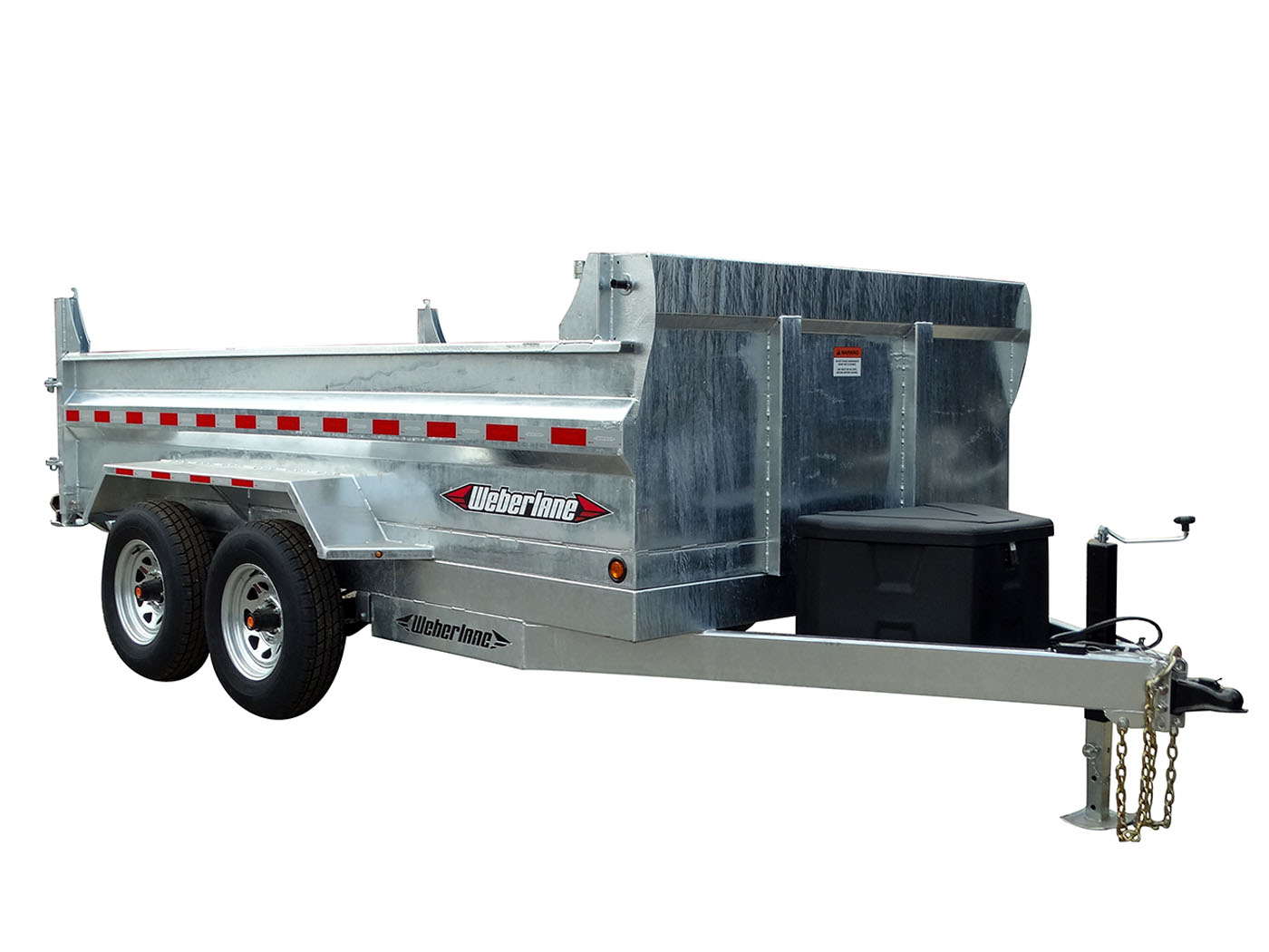A 2026 WEBER LANE 6X12 Estate Series Dump trailer, galvanized with 10,000 GVWR, dual axles, side reflectors, front storage box, and hitch for towing is shown on a white background.