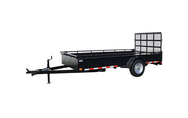 2026 CANADA TRAILER 7X12 STEEL SIDE UTILITY 3500 GVWR featuring metal side rails, a single axle, mesh ramp gate, and reflective tape, shown on a white background.