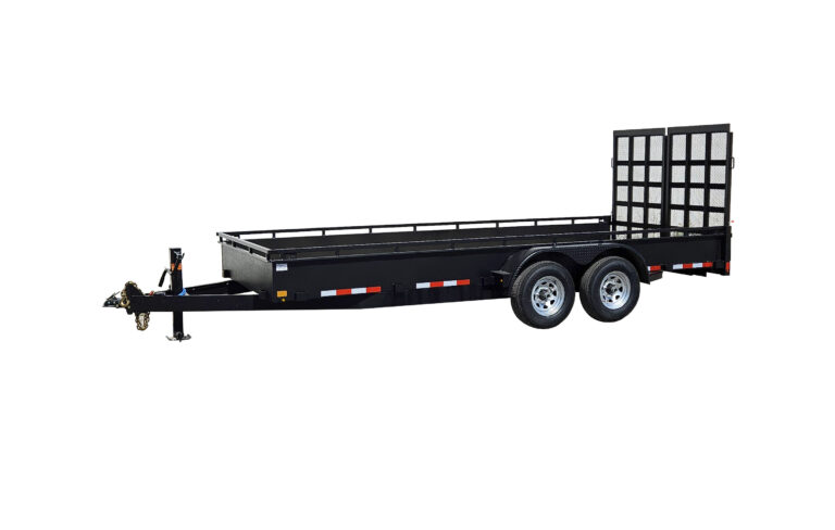 2026 CANADA TRAILER 7X20 Steel Side Landscape Trailer: black flatbed utility trailer with dual axles, metal rail sides, rear ramp gate, and reflective safety markings, shown on a white background.